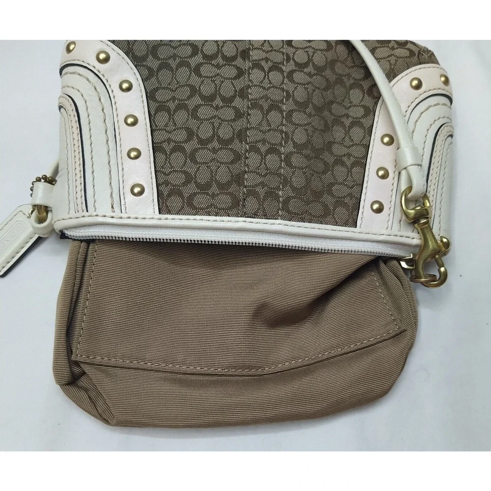 Coach Mini C Brown Canvas Leather Trim Studded Zipper Wristlet - Coin Wallet